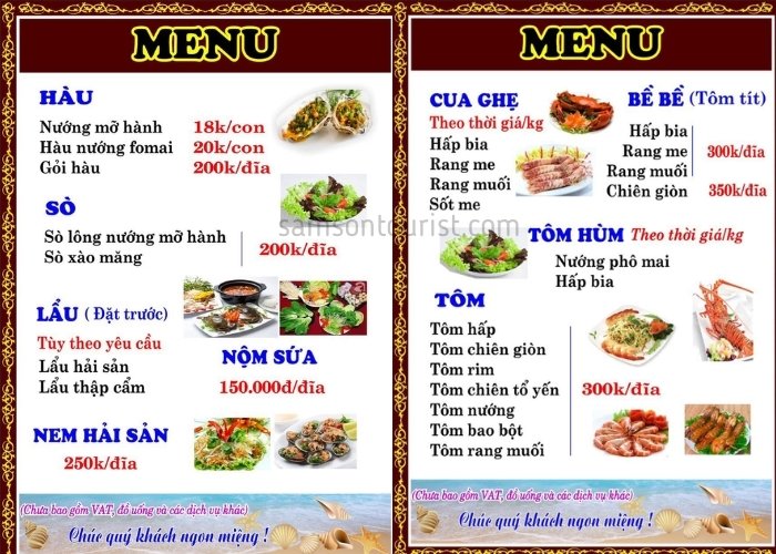 Menu đồ ăn gọi thường